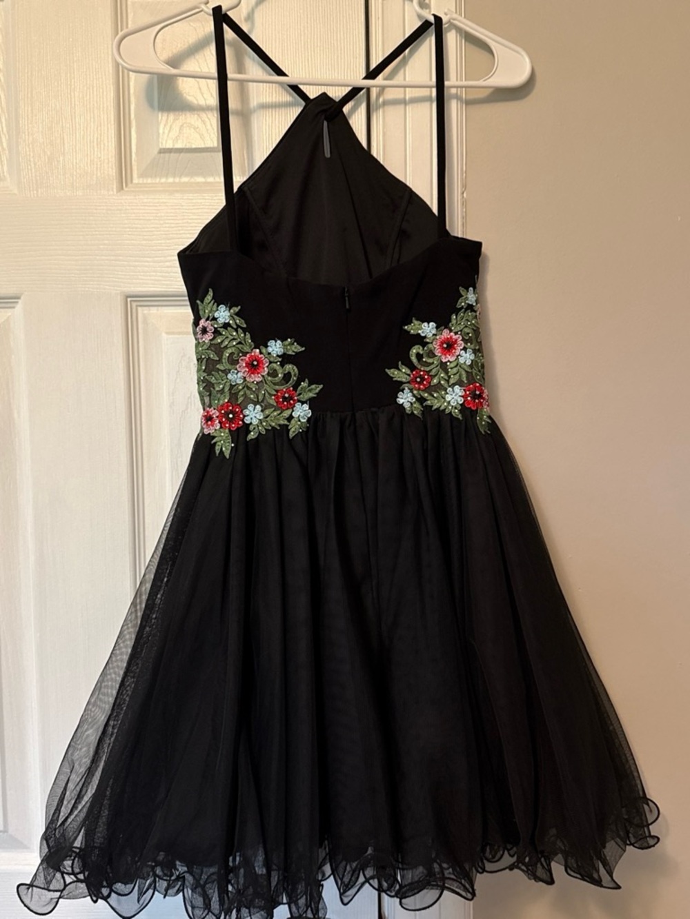 Girls' Black Floral Appliqué Halter Dress - Picture 2 of 4
